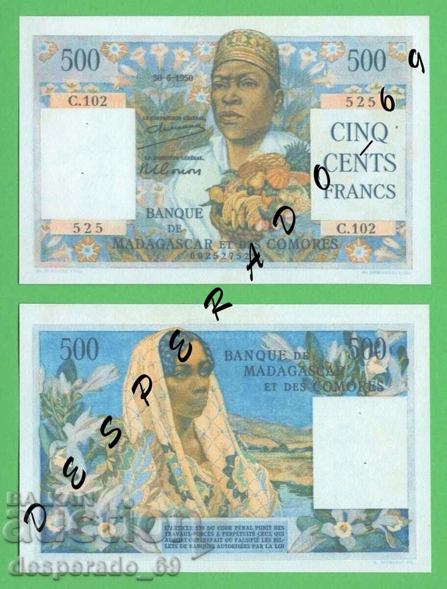 (¯`'•.¸(reproduction) MADAGASCAR 500 francs 1950 UNC •'´¯)