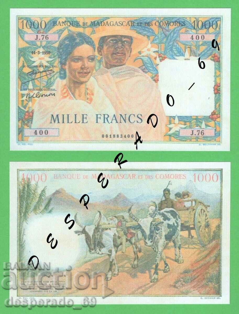 (¯`'•.¸(reproduction) MADAGASCAR 1000 francs 1950 UNC '´¯)