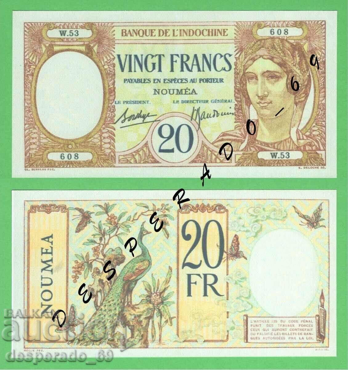 (¯`'•.¸(reproduction) NEW CALEDONIA 20 francs 1929 UNC ¯)