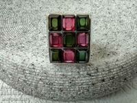 Unusual silver ring with Tourmaline - in green and burgundy