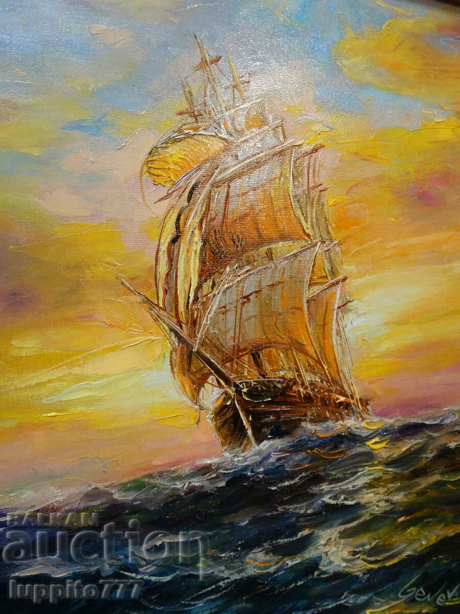 autor pictând pânză în ulei cu cadru artistul Dimitar Genev - 5