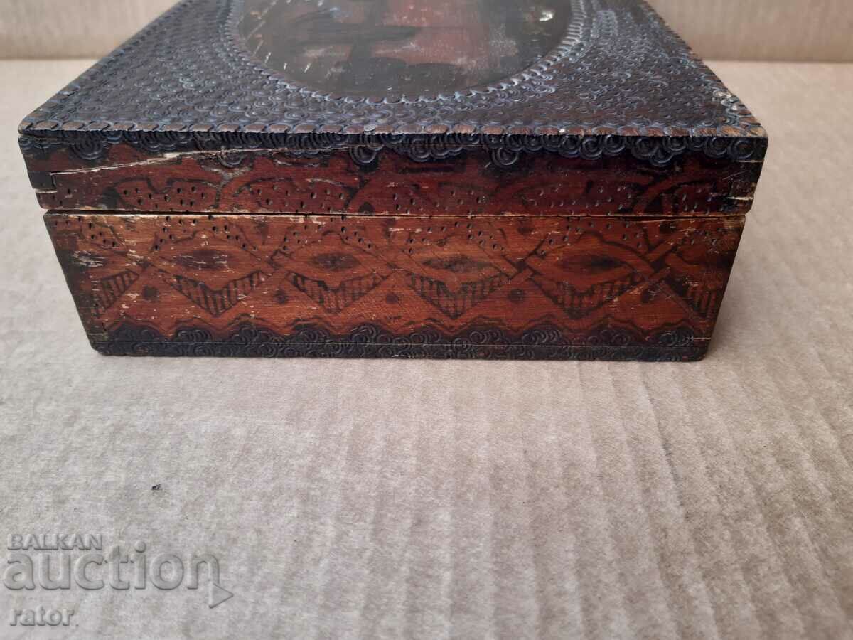 Auction Old wooden painted and pyrographed box Auction Old wooden painted and pyrographed box