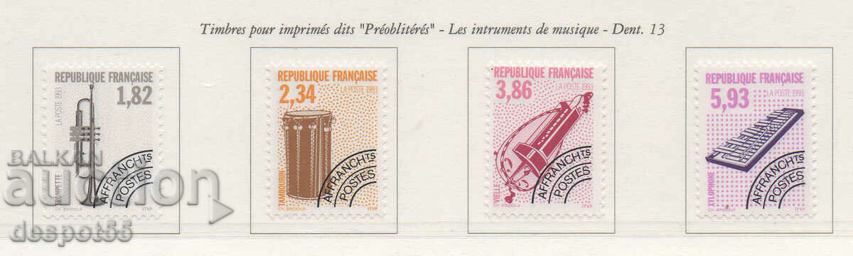 1993. Franţa. Instrumente muzicale - timbre de ziar.