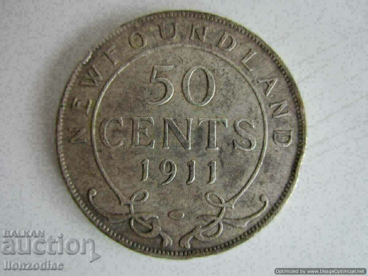 ❗Нюфаундленд 50 цента 1911-11.70 гр. сребро проба 0.925 RRR❗