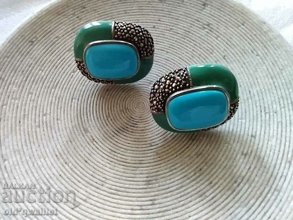 Earrings, Silver 925, Marcasite, 3/2 cm, Enamel... ay ay ay with price 357.00 BGN | € 182.53 Earrings, Silver 925, Marcasite, 3/2 cm, Enamel... ay ay ay with price 357.00 BGN | € 182.53