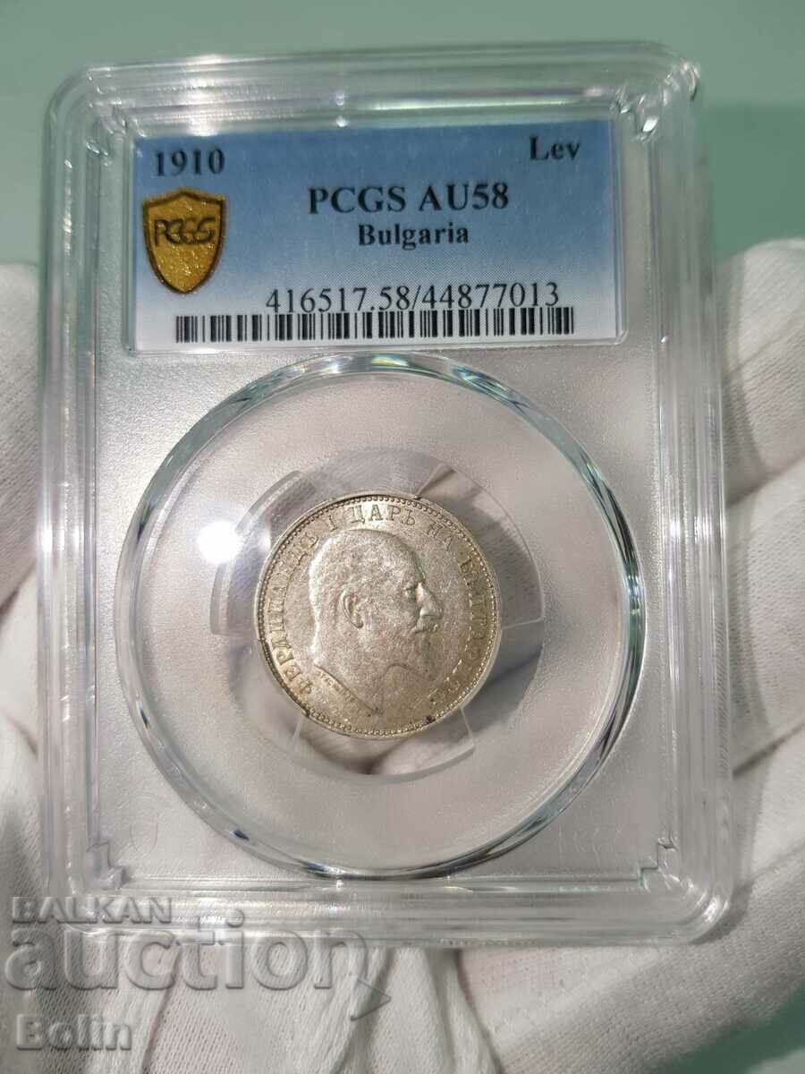 AU-58 Царска сребърна монета 1 лева 1910 PCGS
