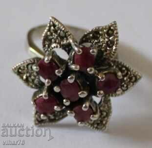 Silver Ring with Natural Rubies and Marcasite