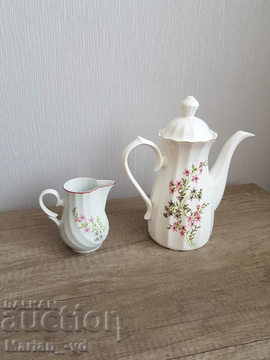 Ρετρό βουλγαρική πορσελάνινη τσαγιέρα με καπάκι και λατιέρα - 7