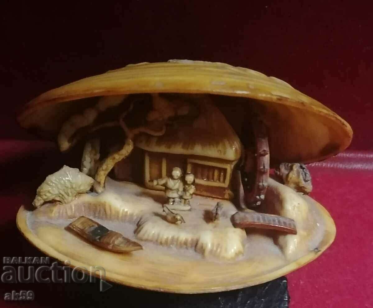 Japanese diorama - celluloid and carved seashell.
