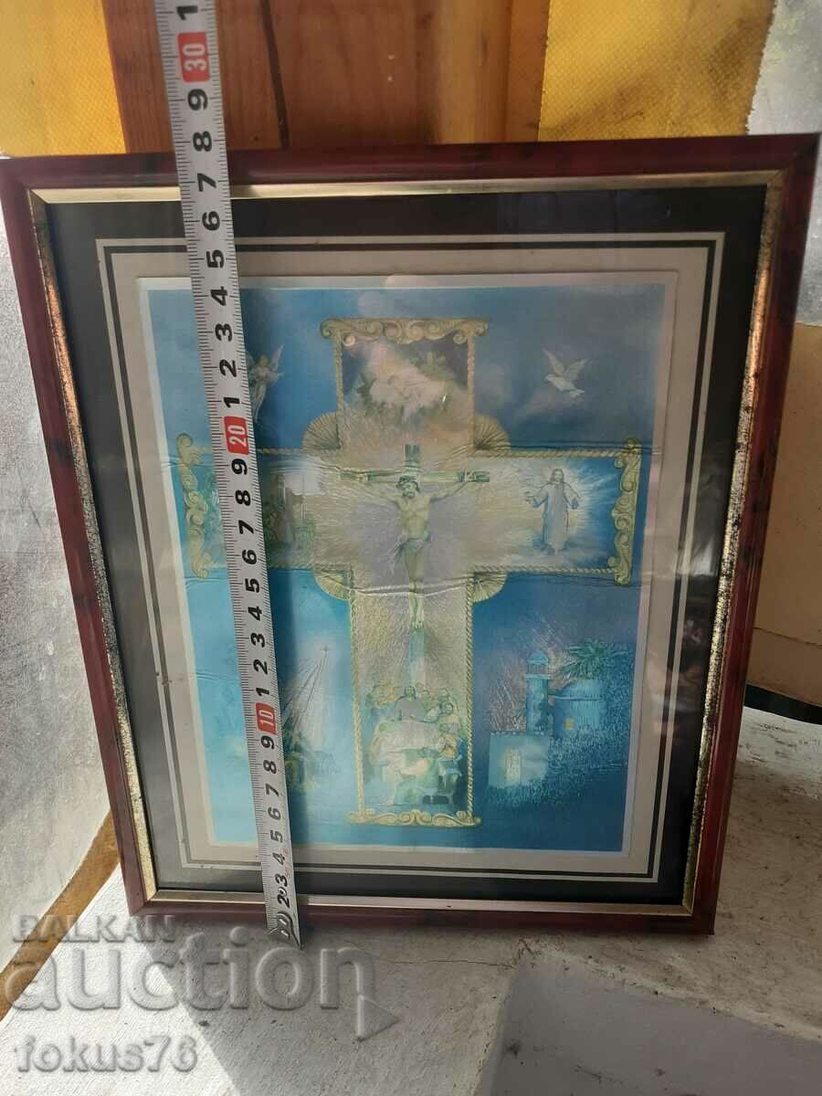 Cromolitografie veche icoană acasă cu cadru cruce religie - 6