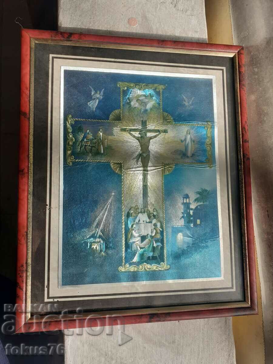 Old home icon chromolithograph with frame cross religion