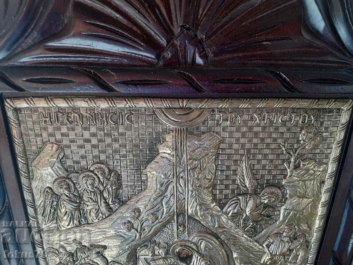 Παράδοση Μεγάλη ασημένια εικόνα με ξύλινο πλαίσιο πιστοποιητικό ξυλογλυπτικής Παράδοση Μεγάλη ασημένια εικόνα με ξύλινο πλαίσιο πιστοποιητικό ξυλογλυπτικής