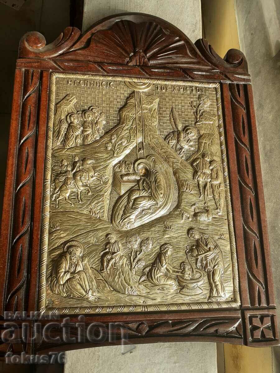 Large silver icon with wooden frame wood carving certificate