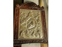Large silver icon with wooden frame wood carving certificate
