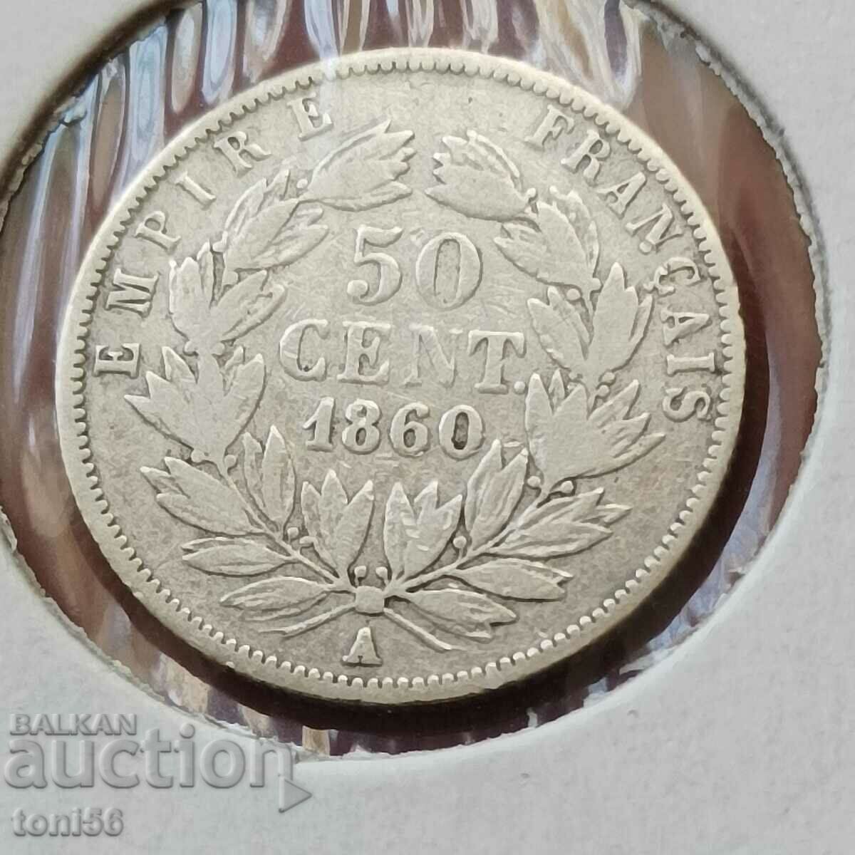 Франция 50 сантима 1860 А сребро