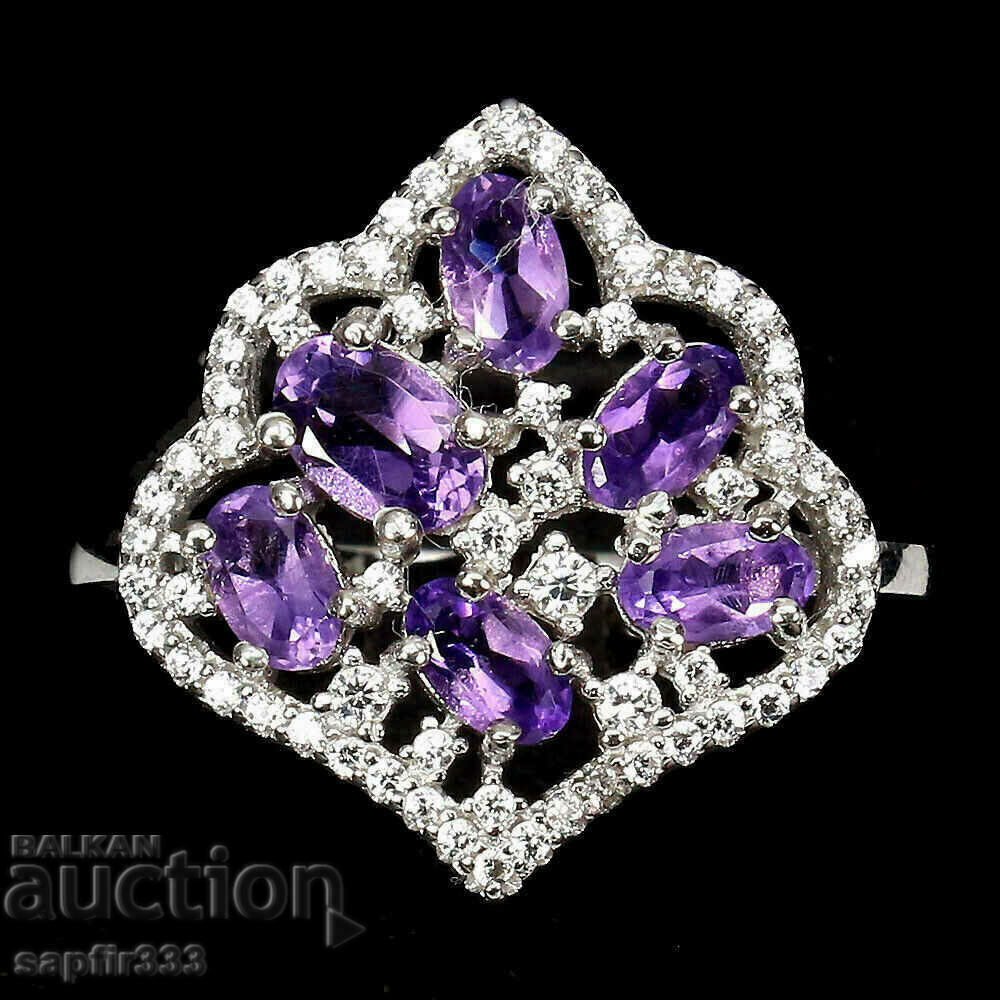 FABULOUS SILVER RING WITH NATURAL AMETHYSTS AND ZIRCONIA