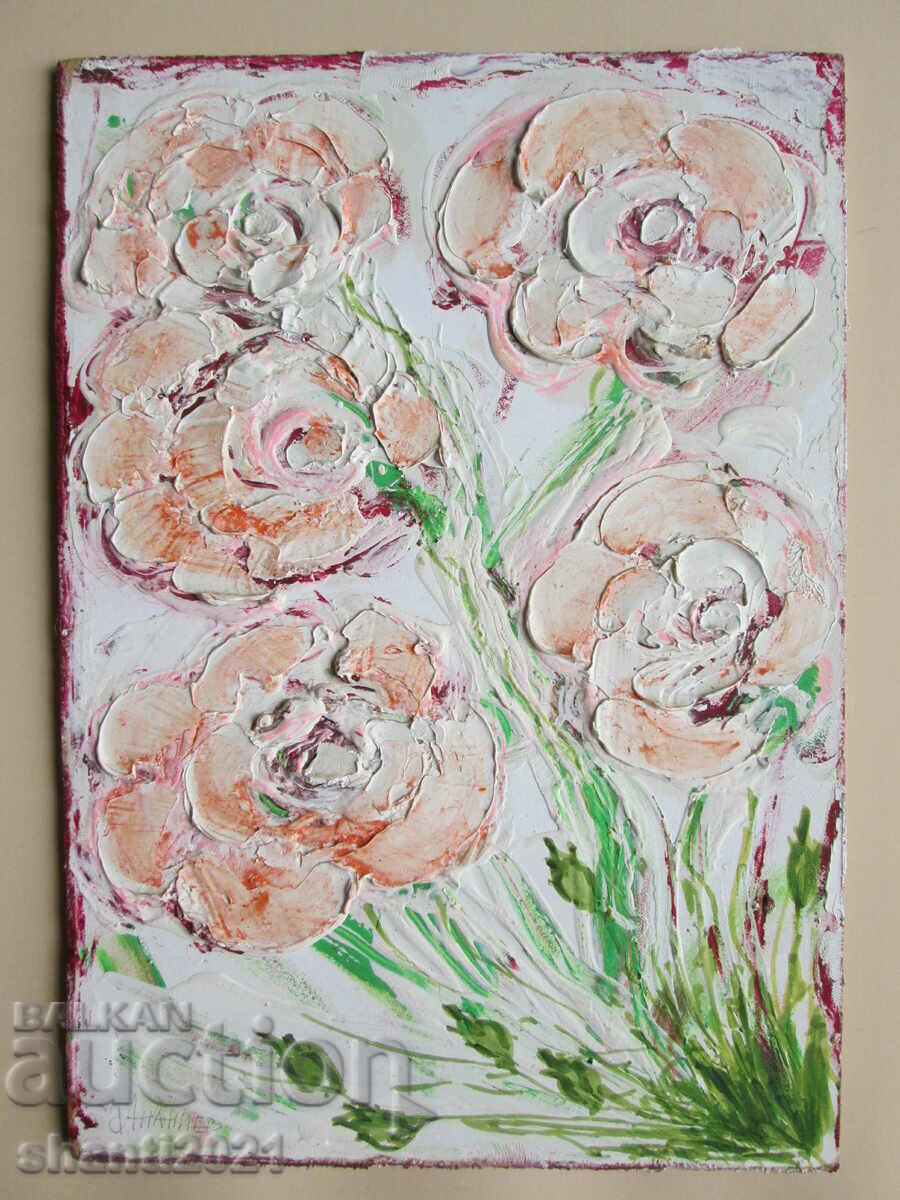Frumos pictură în ulei, fazer, flori, semnat Ananiev, 26x18 cm.