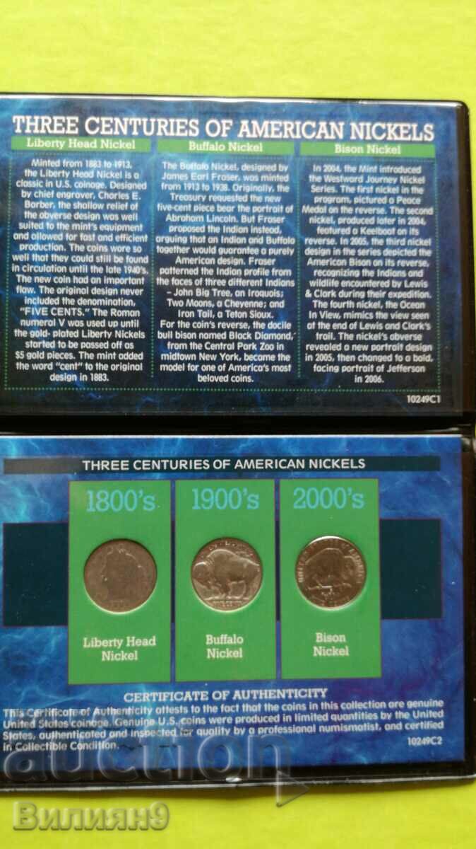 Σετ "3 Centuries 5 Cent Coins" ΗΠΑ + Πιστοποιητικό