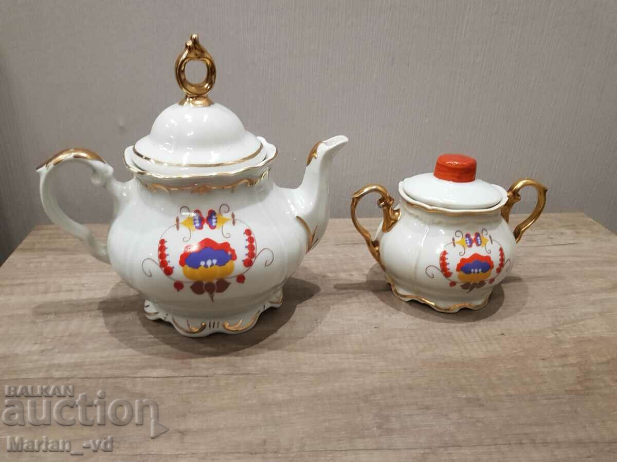 Bulgarian Vidin porcelain teapot, jug and sugar bowl