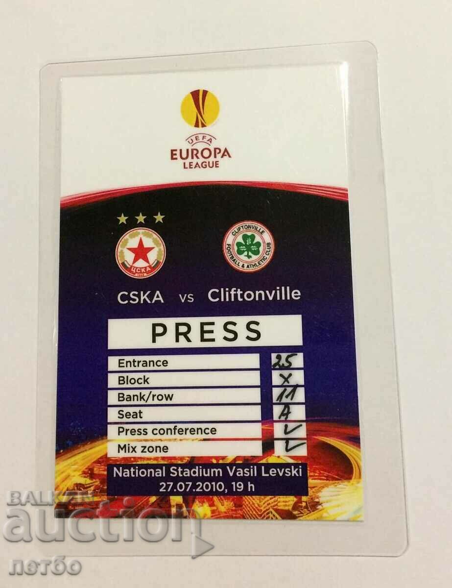 Bilet fotbal CSKA-Cliftonville S.Ireland 2010 LE