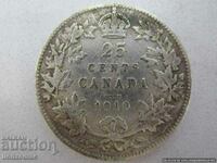 CANADA, 25 CENTS 1910, argint 0.925, rar, pentru colecție, RRR