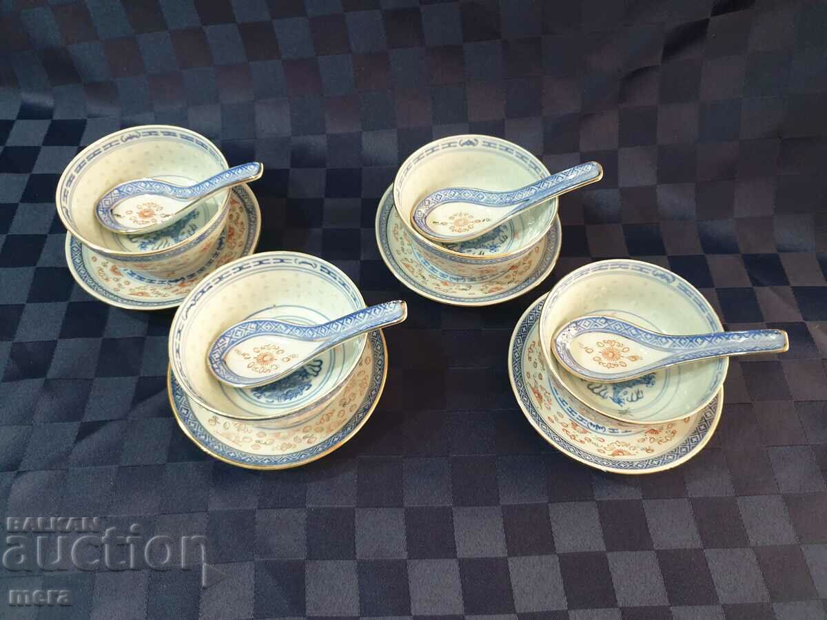 Porcelain Chinese bowls, spoons and saucers - 4 sets. with price 80.00 BGN | € 40.90 Porcelain Chinese bowls, spoons and saucers - 4 sets. with price 80.00 BGN | € 40.90