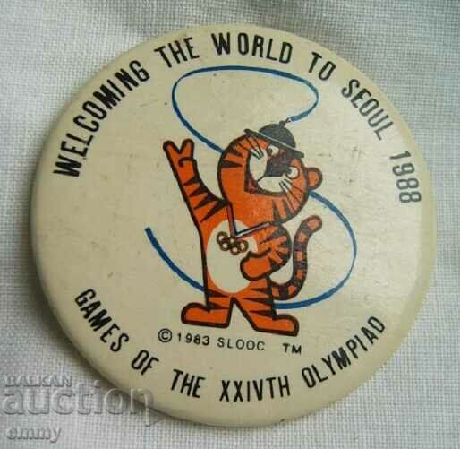 Insigna Jocurile Olimpice de la Seul 1988 mascota - Hodori tigrul