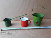 Enameled pitchers and cezves. Children's metal bucket
