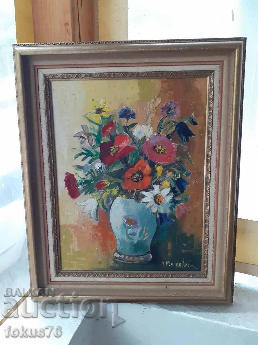 Beautiful oil painting on canvas - leather signature frame
