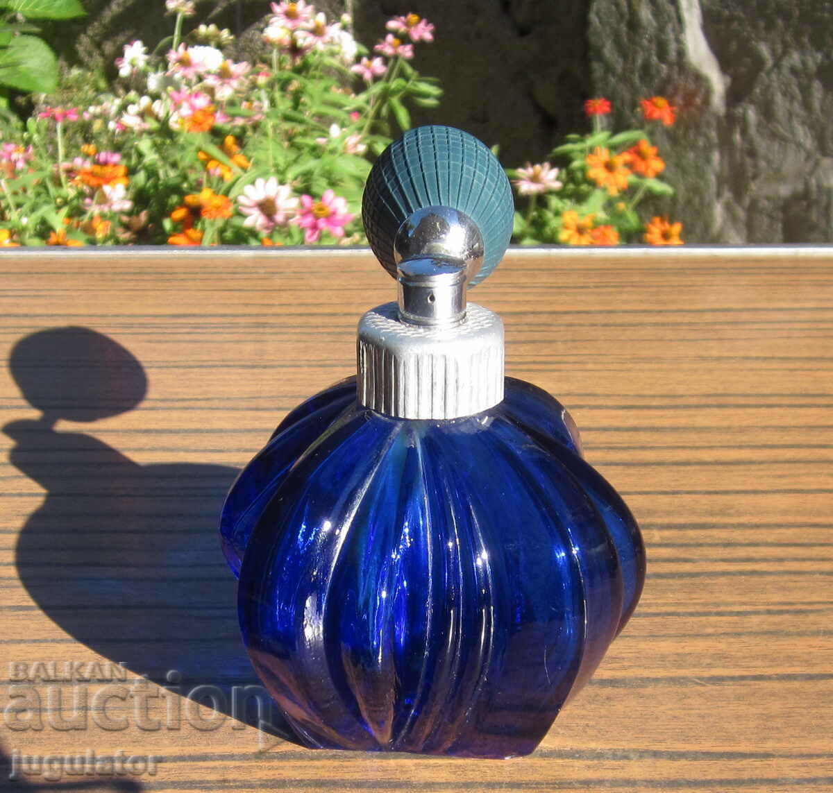 vintage table top cobalt glass perfume bottle with pump with price 30.00 BGN | € 15.34