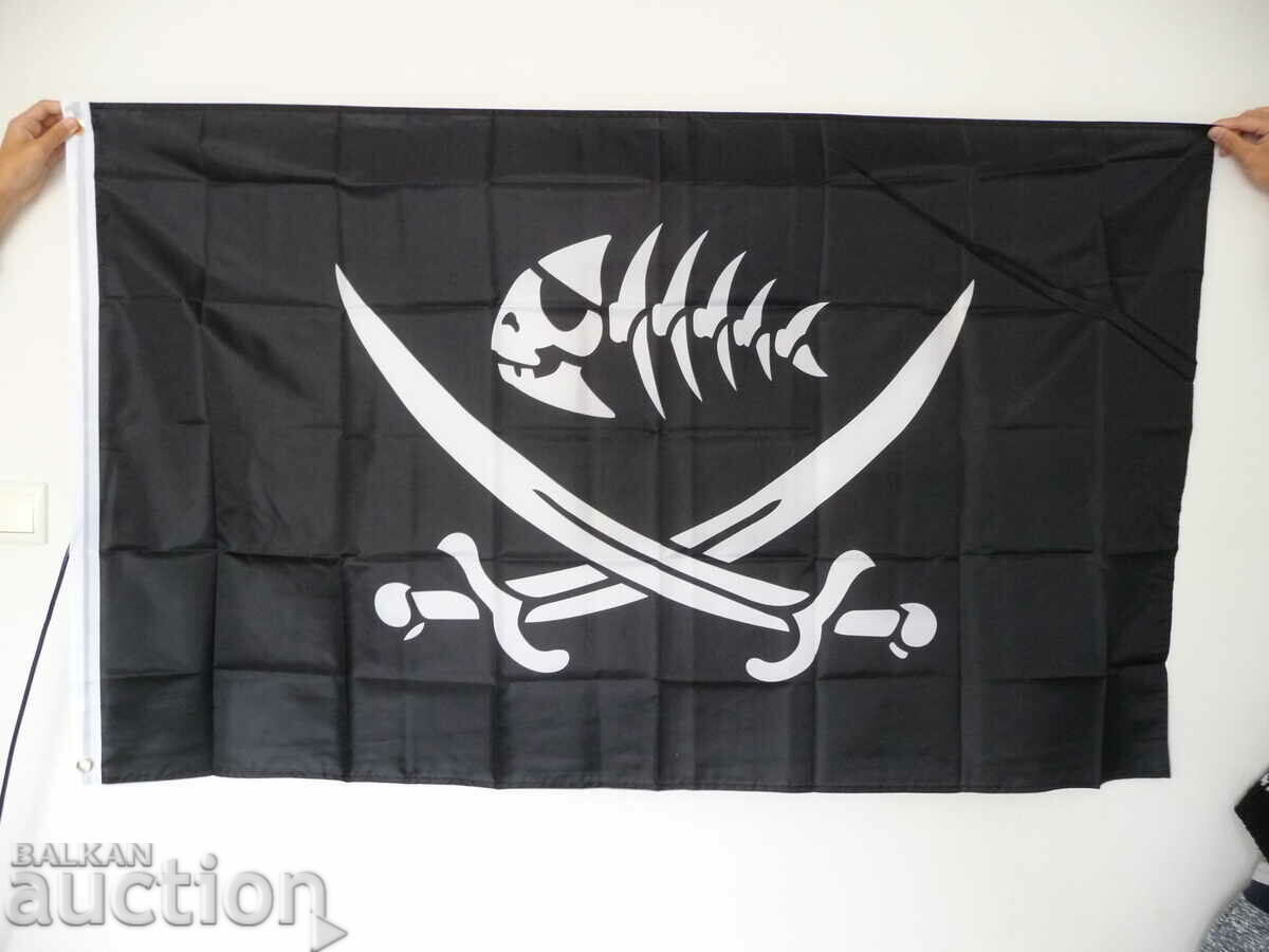Σκελετός ψαριών με σημαία πειρατών δύο σπαθιών που επιβιβάζονται σε καρχαρίες κουρσάρου