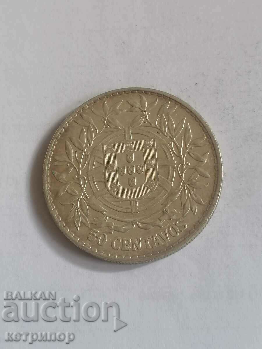 50 сентавос Португалия 1914 г. Сребърна