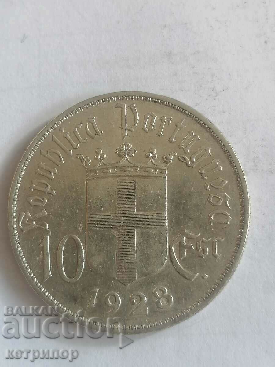 10 ескудо Португалия 1928 г. Сребърна