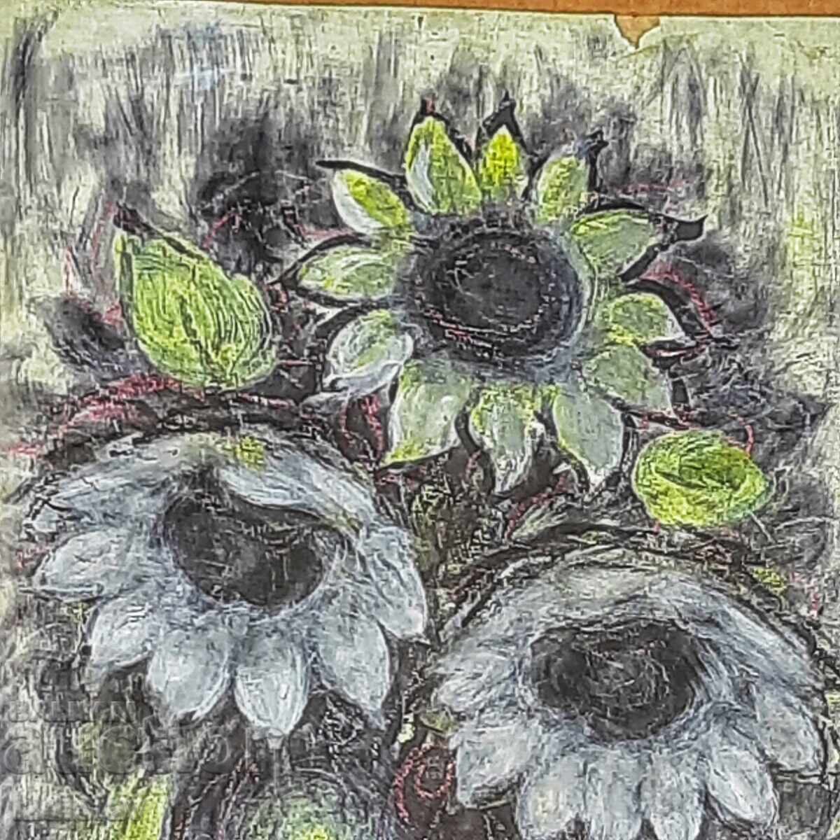 Auction Old still life painting, Sunflowers pastel on cardboard Auction Old still life painting, Sunflowers pastel on cardboard