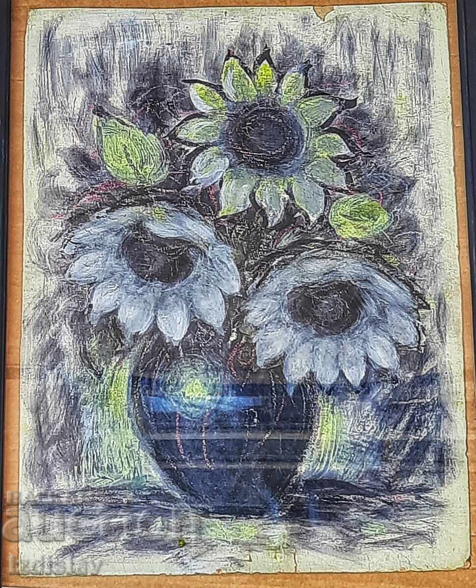 Delivery of Old still life painting, Sunflowers pastel on cardboard Delivery of Old still life painting, Sunflowers pastel on cardboard