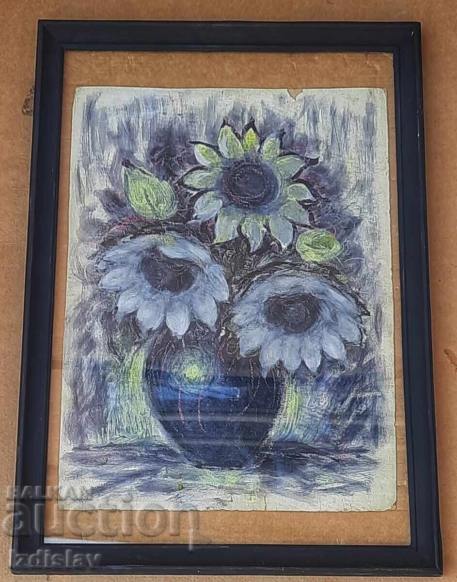 Old still life painting, Sunflowers pastel on cardboard Old still life painting, Sunflowers pastel on cardboard