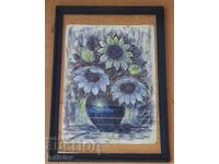 Old still life painting, Sunflowers pastel on cardboard