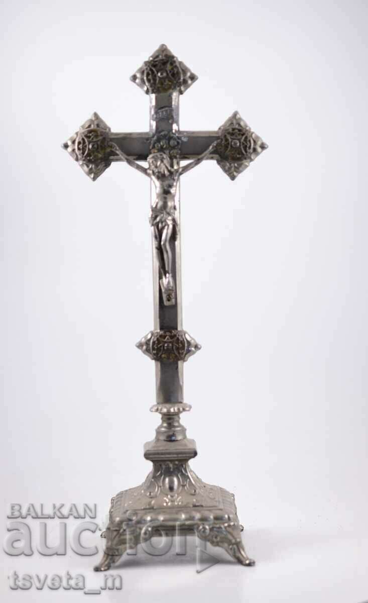 LARGE ANTIQUE TABLE CRUCIFIX IN NICKEL-PLATED BRONZE