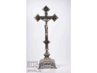 LARGE ANTIQUE TABLE CRUCIFIX IN NICKEL-PLATED BRONZE