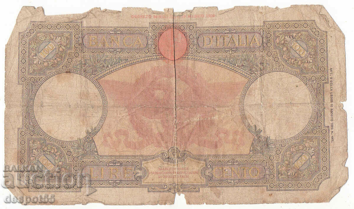 1938. Italy. 100 lira - "Soldier". Decree of 21.10.1938. with price 5.00 BGN | € 2.56 1938. Italy. 100 lira - "Soldier". Decree of 21.10.1938. with price 5.00 BGN | € 2.56