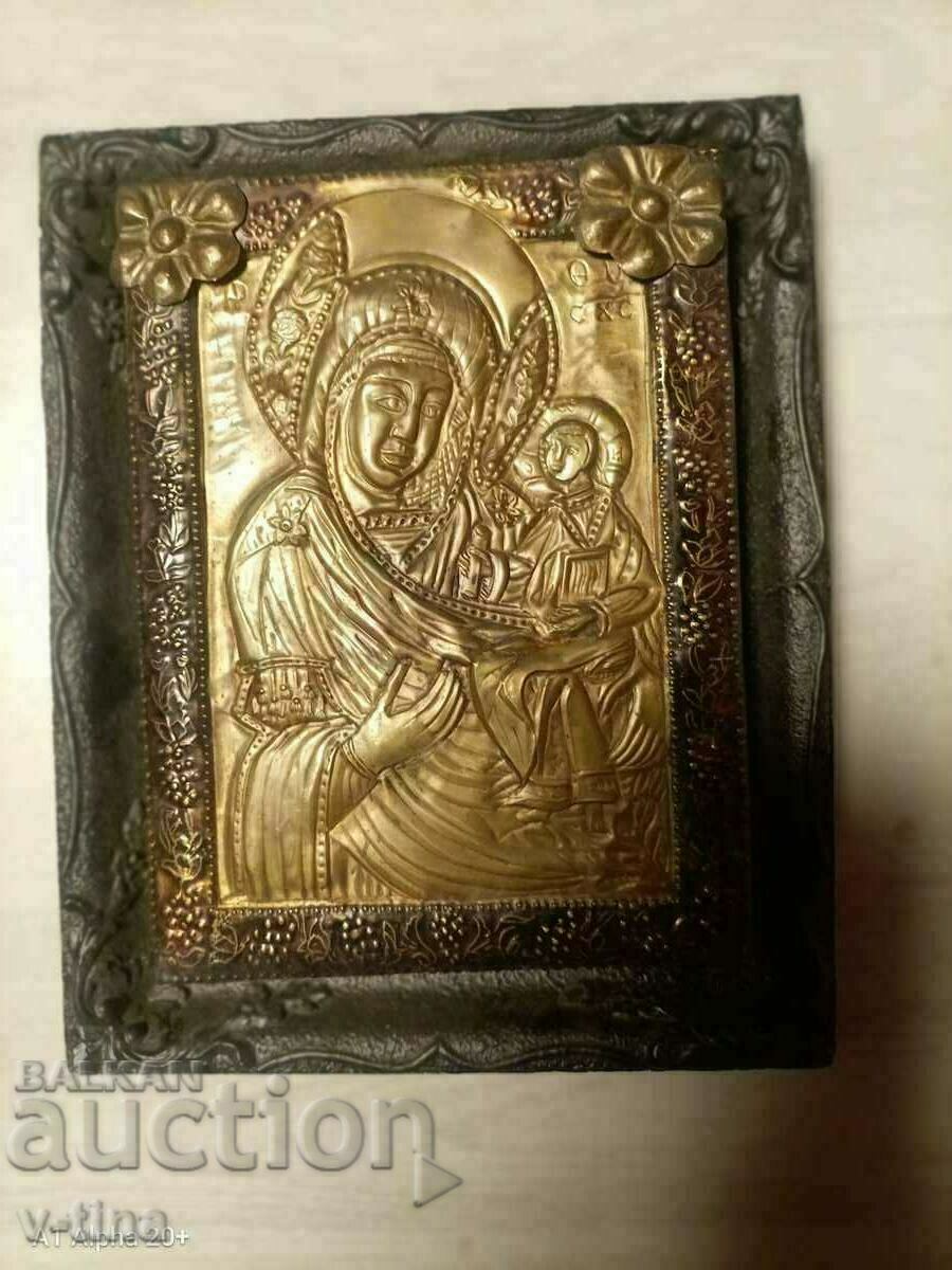 Стара домашна руска икона с обков Богородица и  Исус Христос