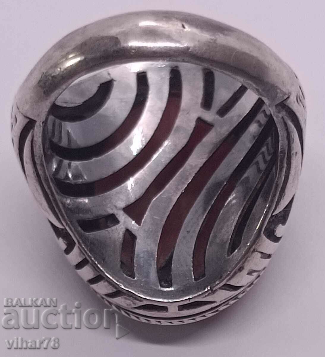 MEN'S SOLID OLD SILVER RING WITH AMBER - 5 MEN'S SOLID OLD SILVER RING WITH AMBER - 5