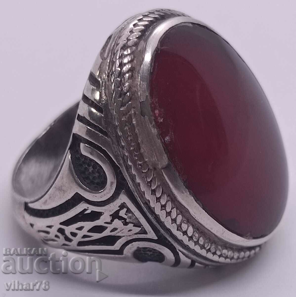 MEN'S SOLID OLD SILVER RING WITH AMBER - 6 MEN'S SOLID OLD SILVER RING WITH AMBER - 6