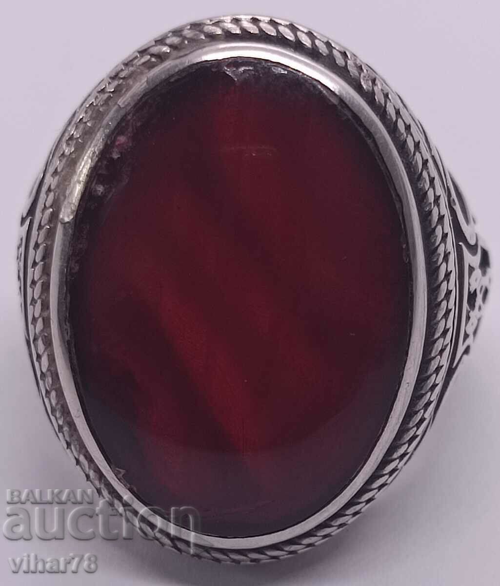 MEN'S SOLID OLD SILVER RING WITH AMBER