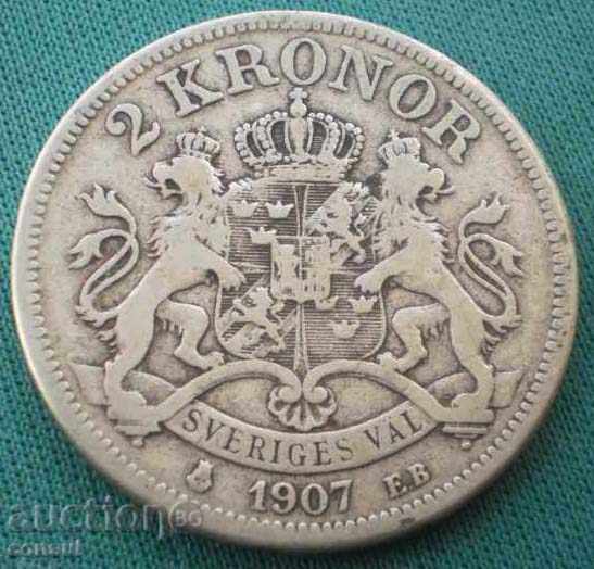Швеция Оскар II 2 Kрони 1907 Rare  Сребро