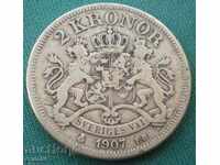 Швеция Оскар II 2 Kрони 1907 Rare  Сребро
