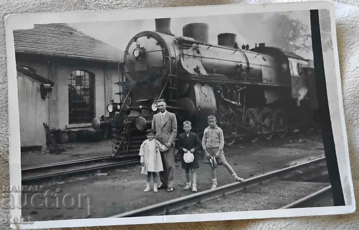 Old photo 1930s train locomotive station Bulgaria
