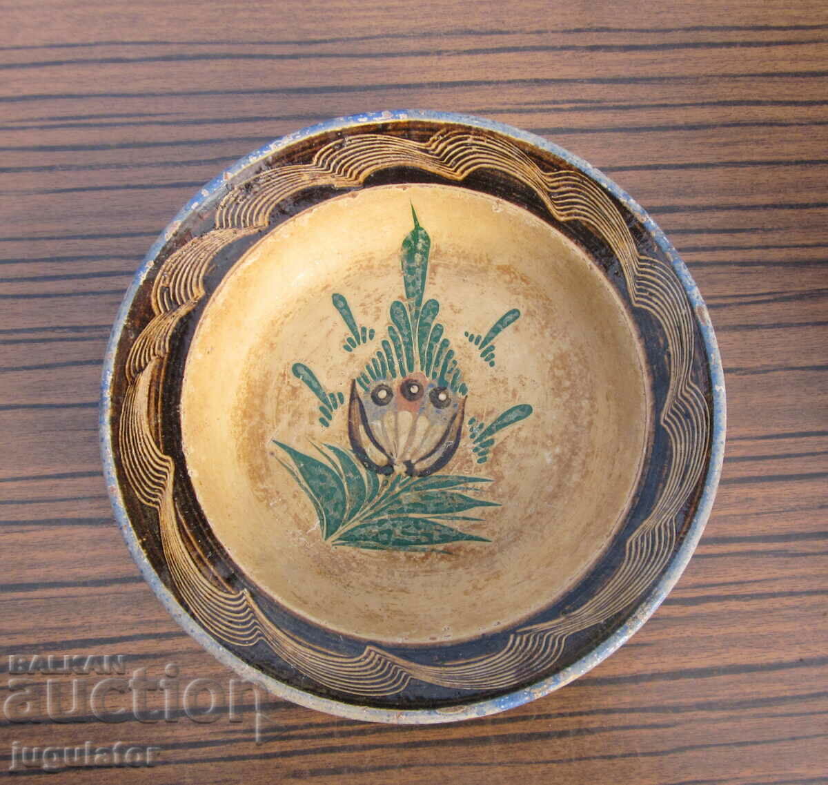 antique Bulgarian Revival ceramic plate with glaze