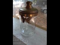 Старинен стъклен буркан за бонбони с метален капак  пеперуда