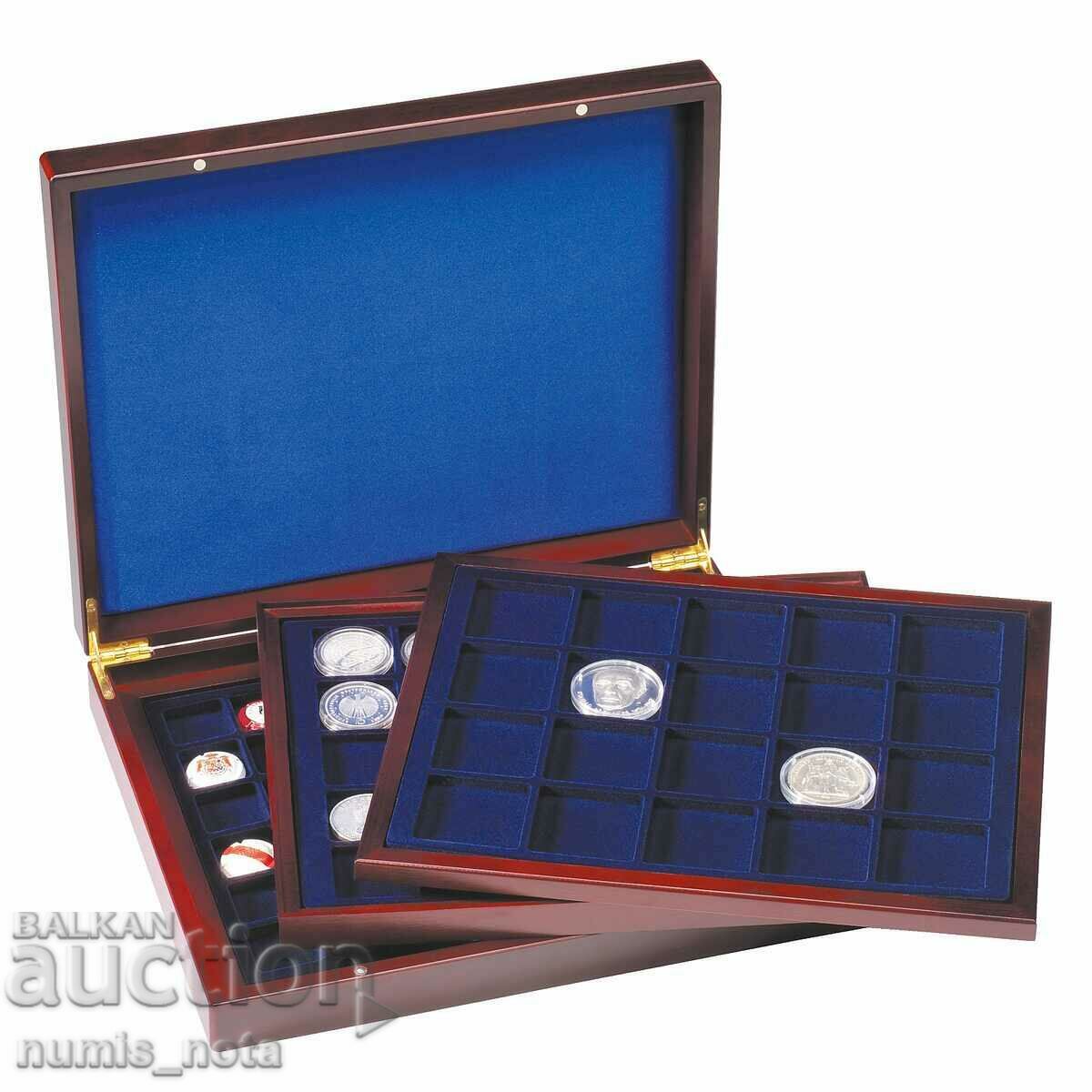 луксозна дървена кутия с 3 табли за монети -различни размери